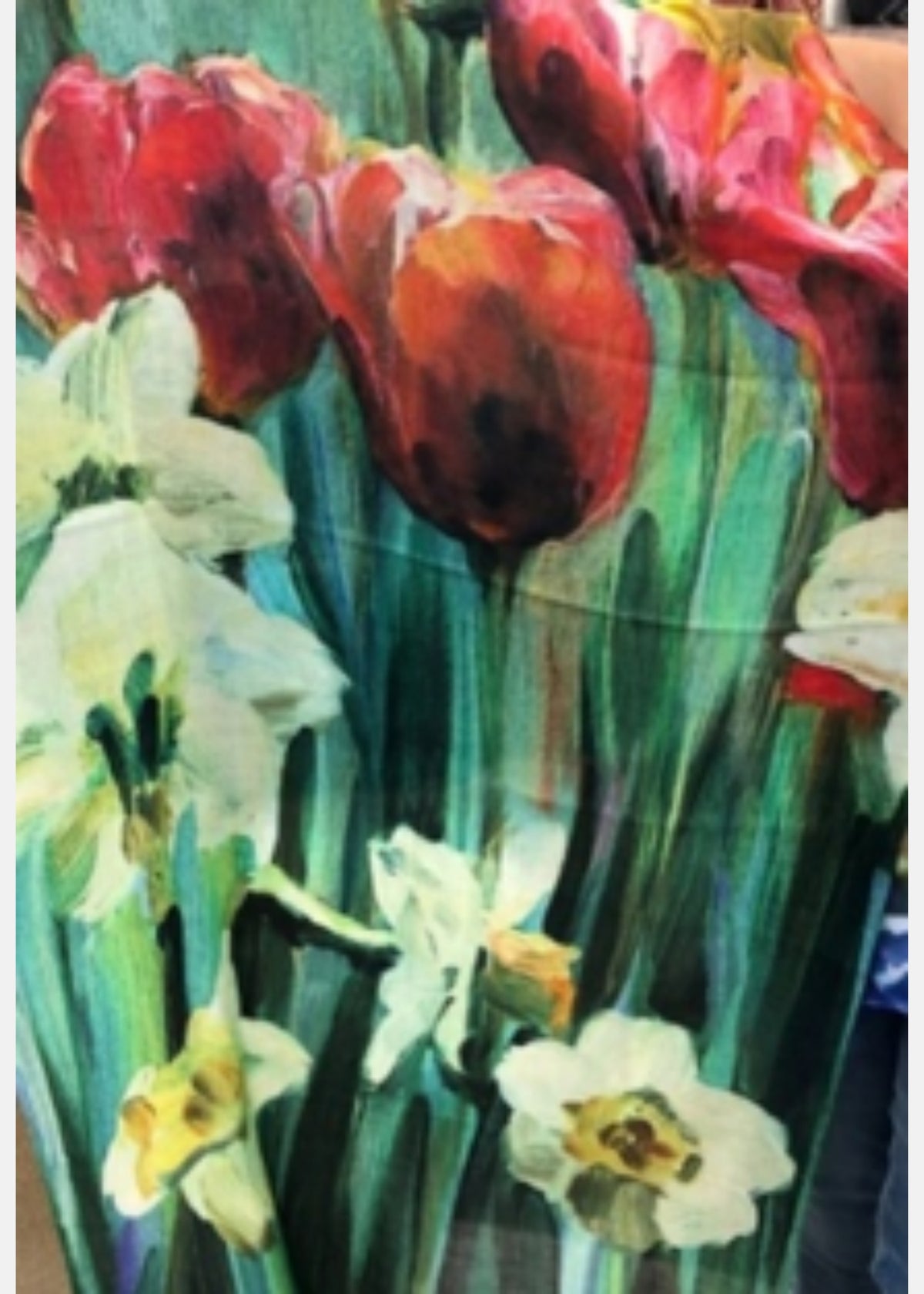 Luv & Co hand-painted brush scarf/shawl, green with red strokes and floral motifs
