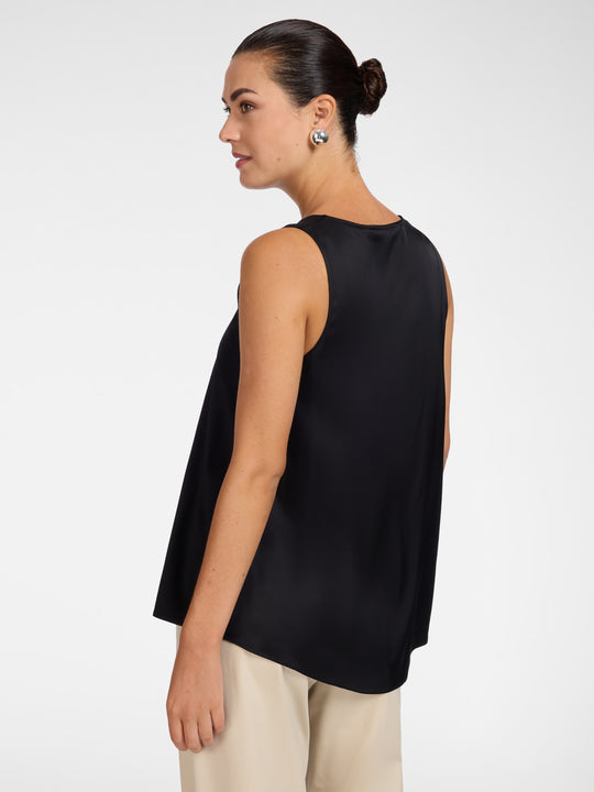 Black stretch satin V-neck camisole back view, sleeveless with clean armholes
