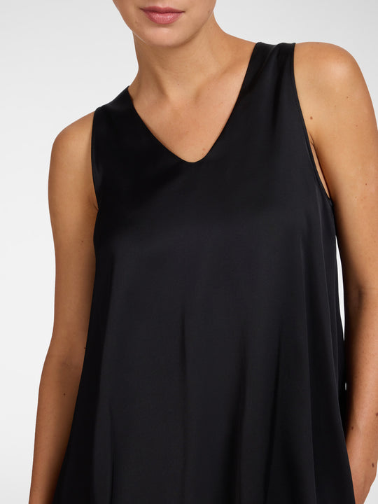 Black stretch satin V-neck camisole front, sleeveless close-up