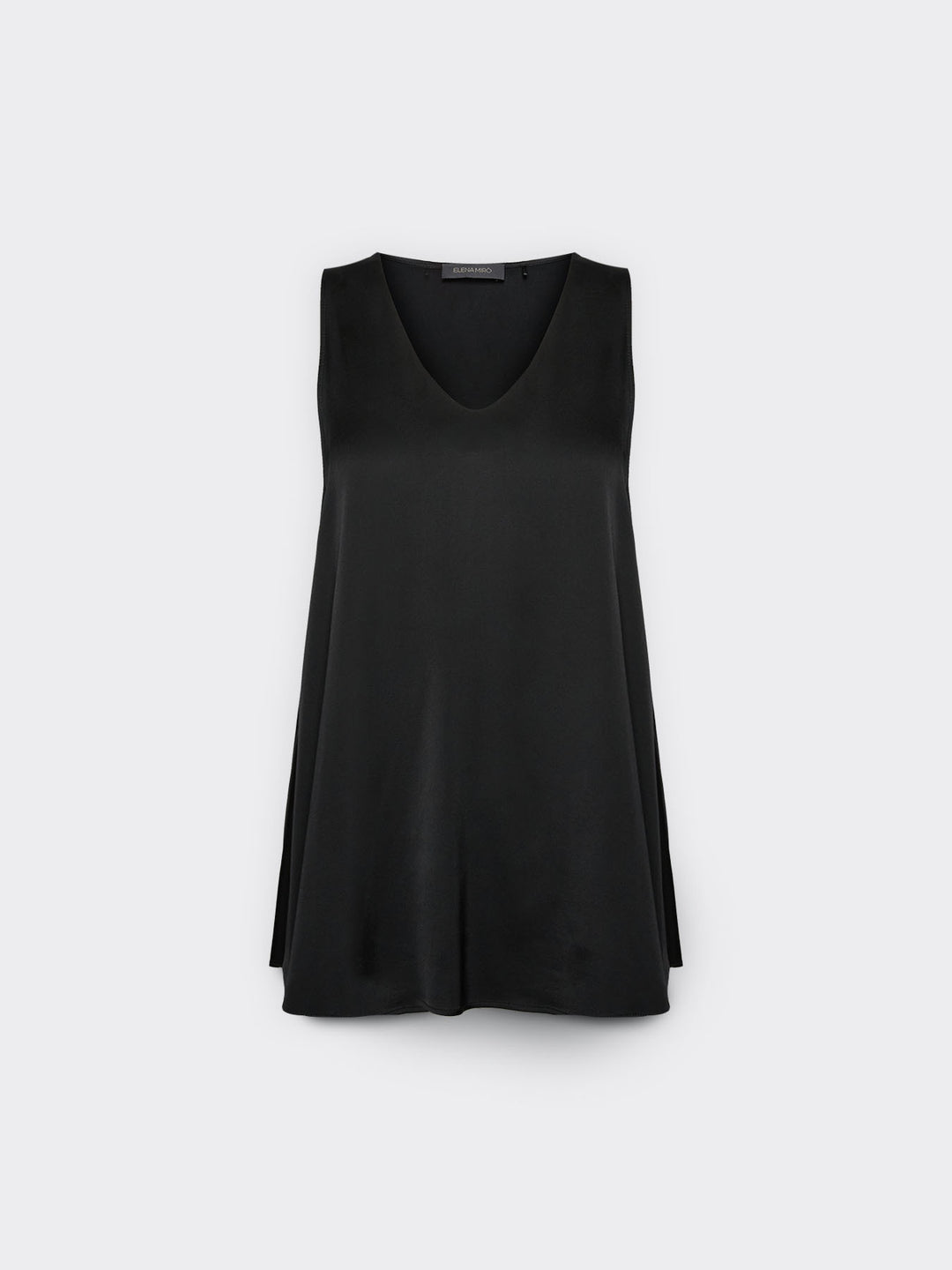Black stretch satin V-neck camisole, sleeveless with relaxed drape