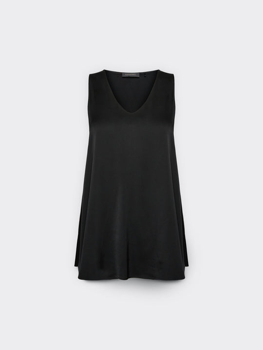 Black stretch satin V-neck camisole, sleeveless with relaxed drape