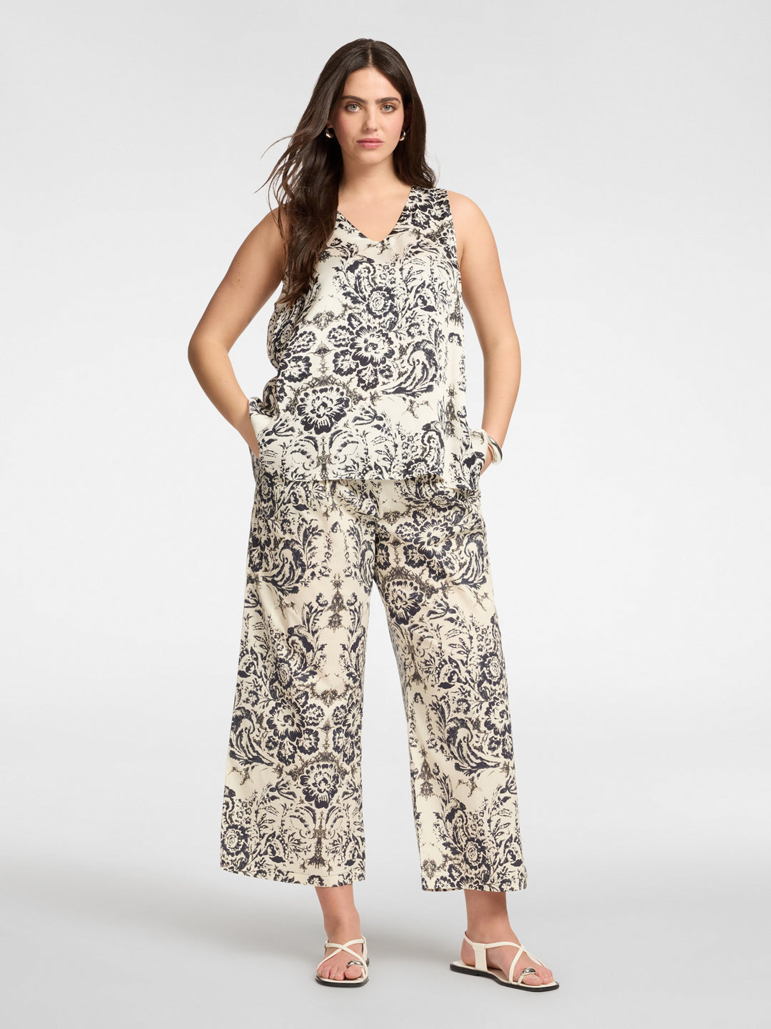 Elena Miro Printed Satin V Neck Tank Top in Milk Black