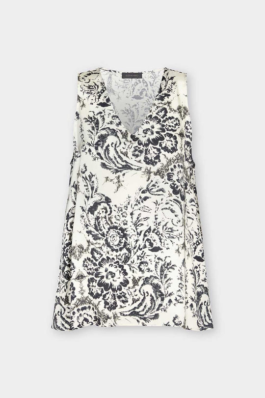 Elena Miro Printed Satin V Neck Tank Top in Milk Black