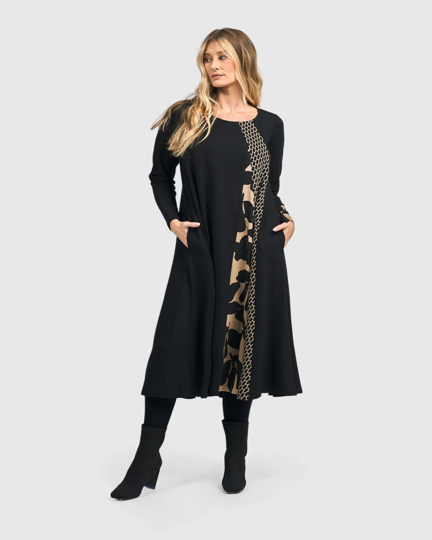 Alembika Flared Viscose Jersey Mix Media Long dress in Black MIx