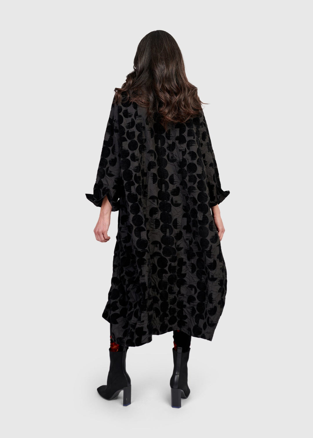 back view of plus size Alembika Crescent Taffeta Velvet Dot Long Button Front Dress in Black Crescent