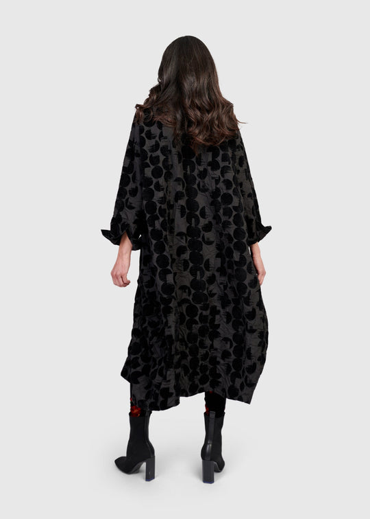 back view of plus size Alembika Crescent Taffeta Velvet Dot Long Button Front Dress in Black Crescent