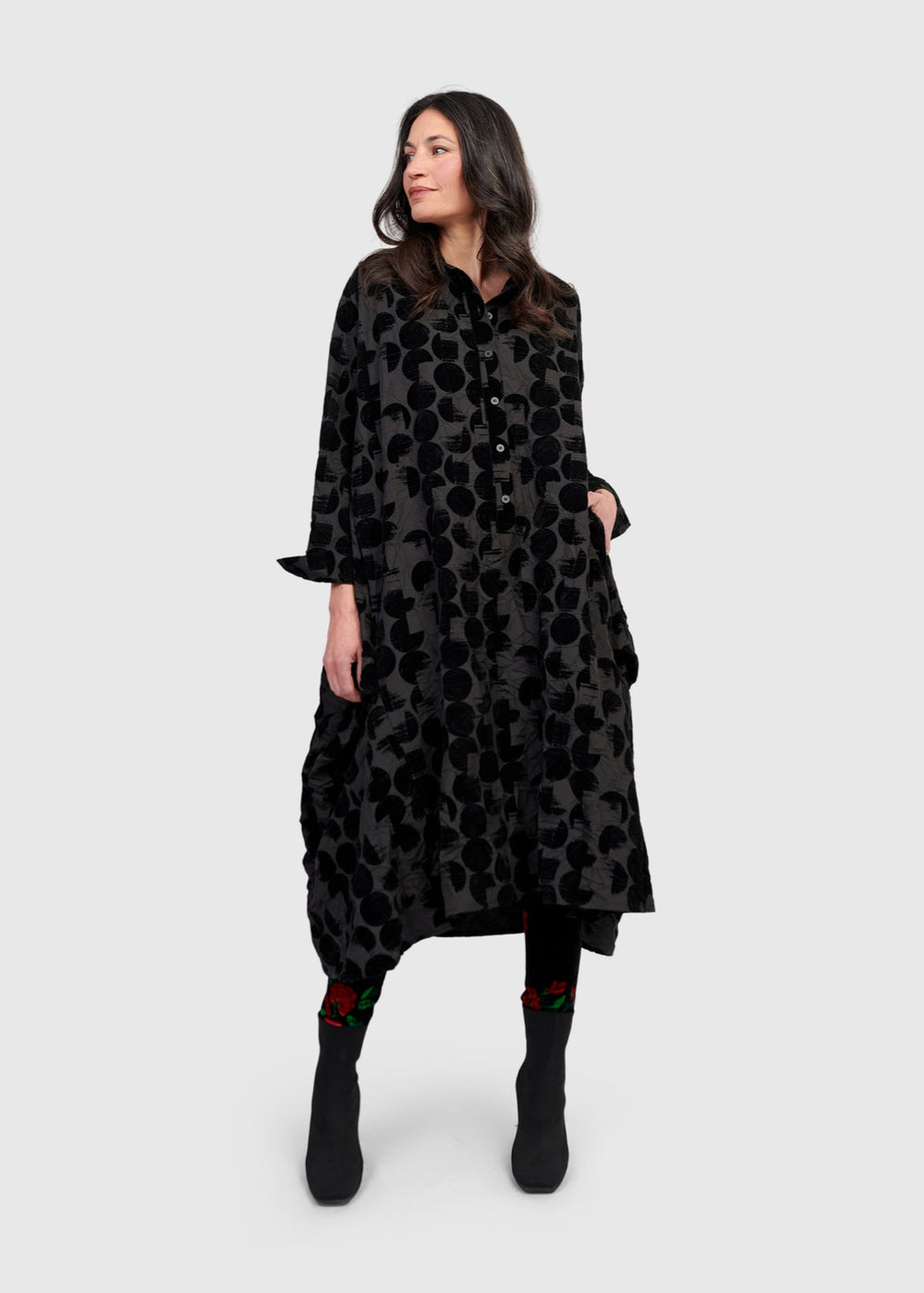 front view of plus size Alembika Crescent Taffeta Velvet Dot Long Button Front Dress in Black Crescent