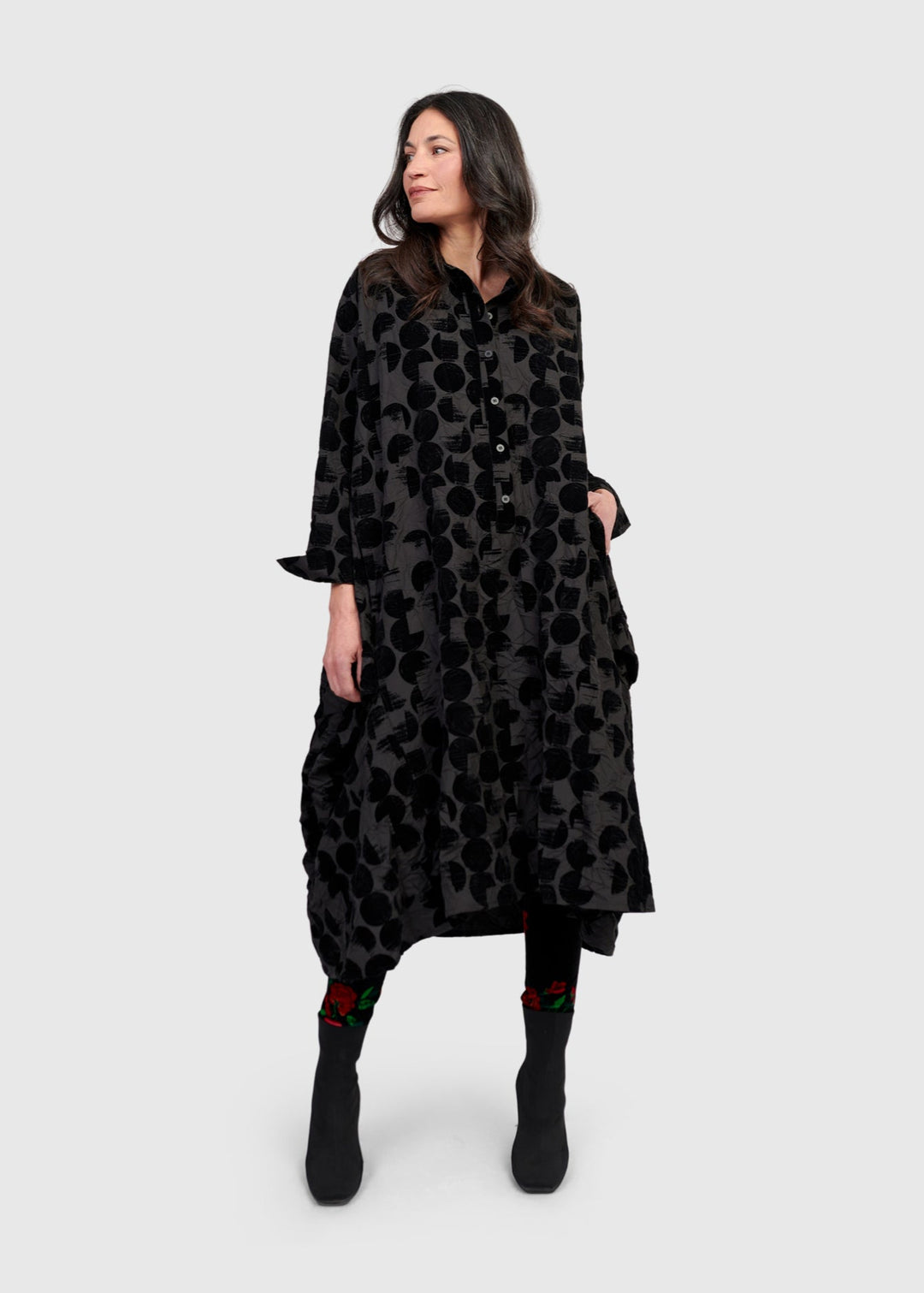 front view of plus size Alembika Crescent Taffeta Velvet Dot Long Button Front Dress in Black Crescent
