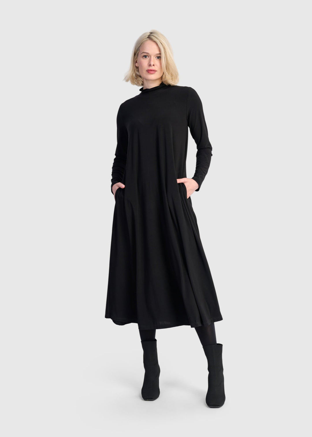 front view of plus size Alembika Mock neck Jersey Long Dress in Black