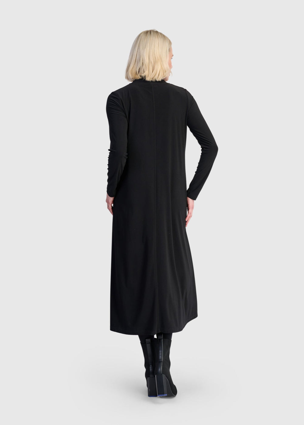 back view of plus size Alembika Mock neck Jersey Long Dress in Black