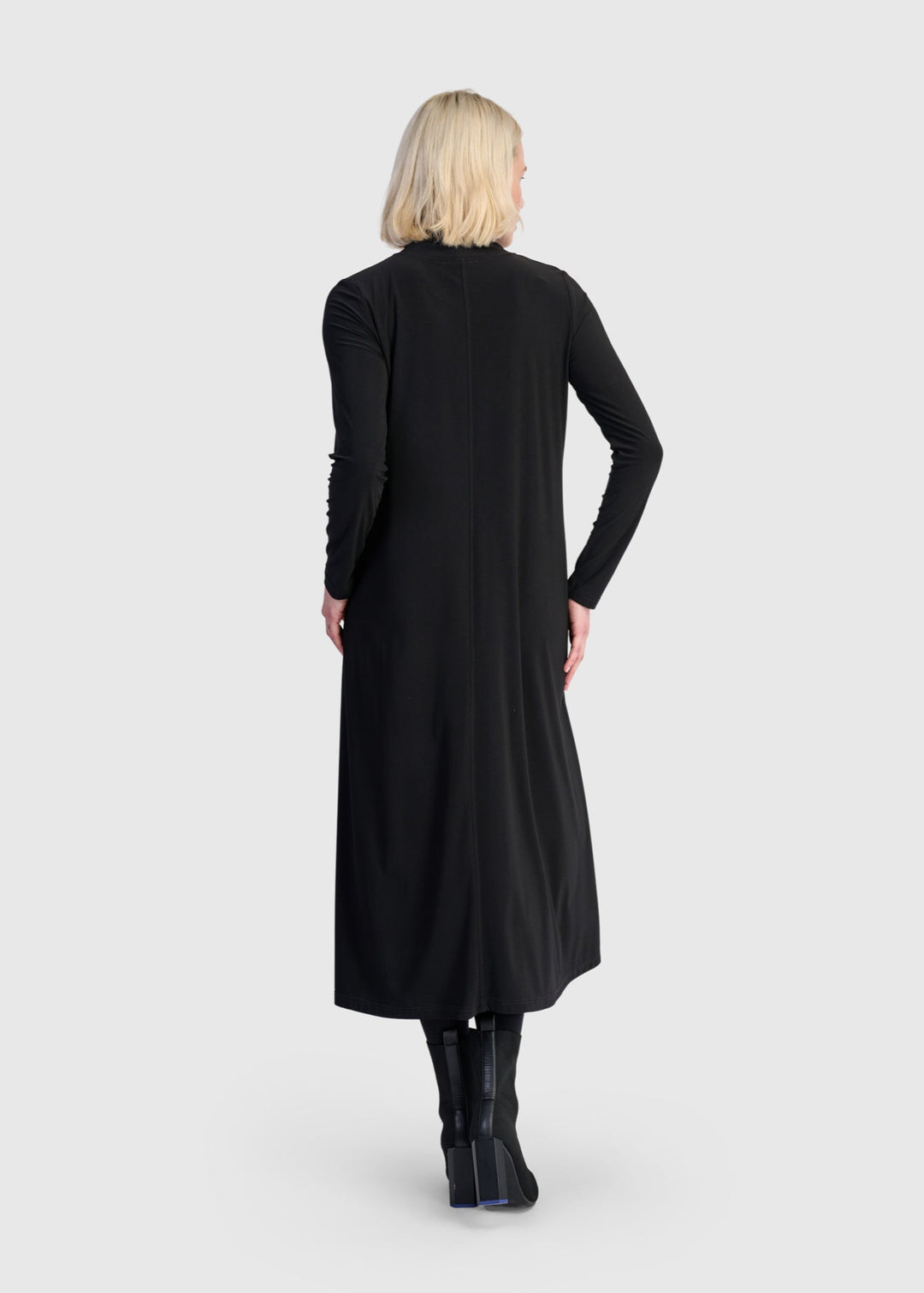 back view of plus size Alembika Mock neck Jersey Long Dress in Black