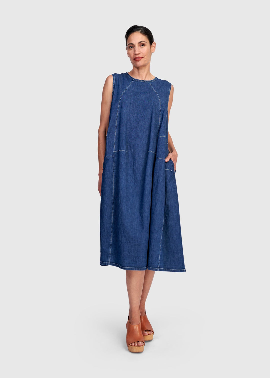 front view of plus size Alembika Denim A line Sleeveless Dress in Denim