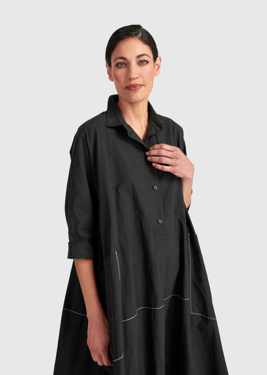 front view of plus size Alembika Midi Cotton Shirt Dress with White Topstitching in Black