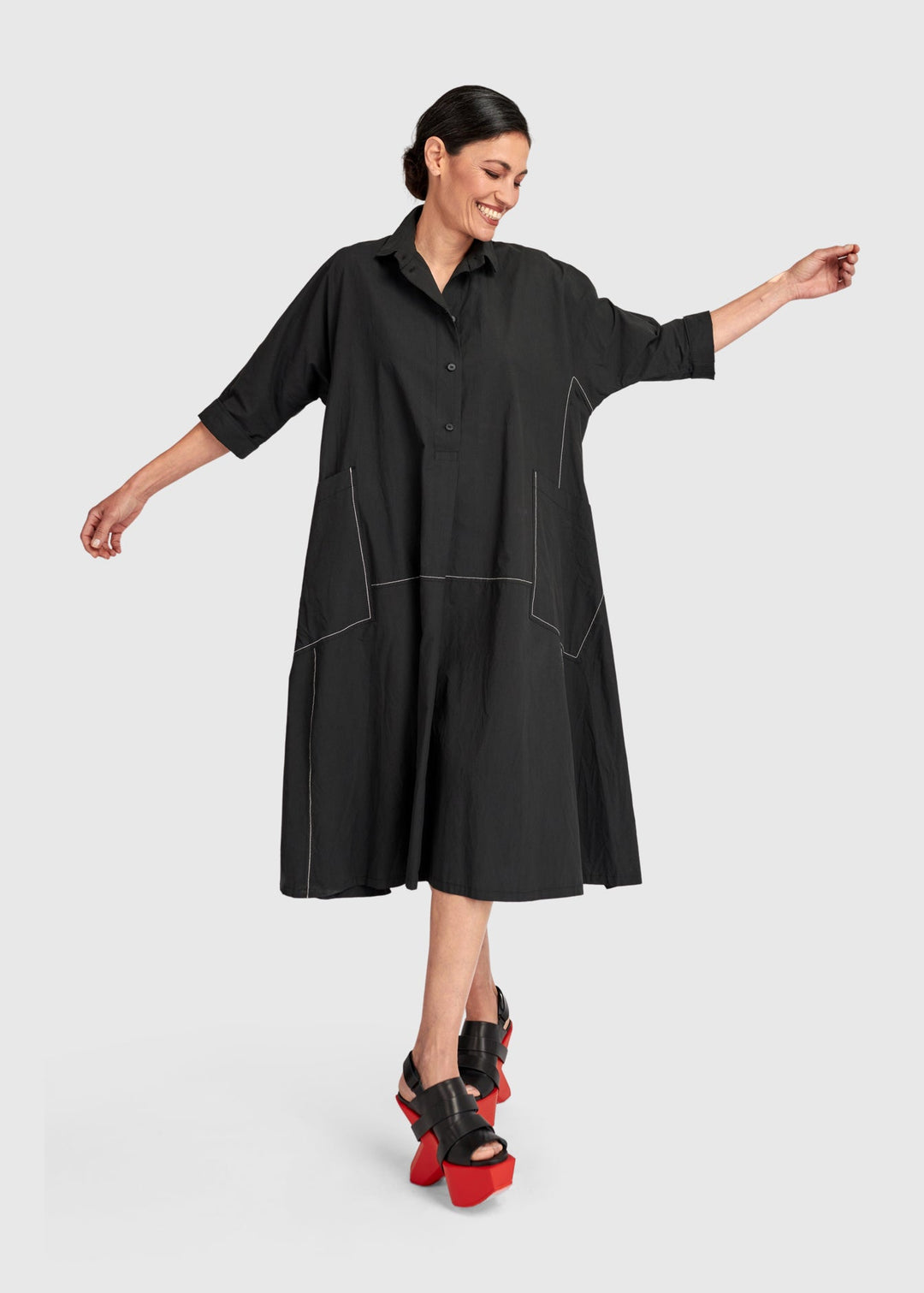 front view of plus size Alembika Midi Cotton Shirt Dress with White Topstitching in Black