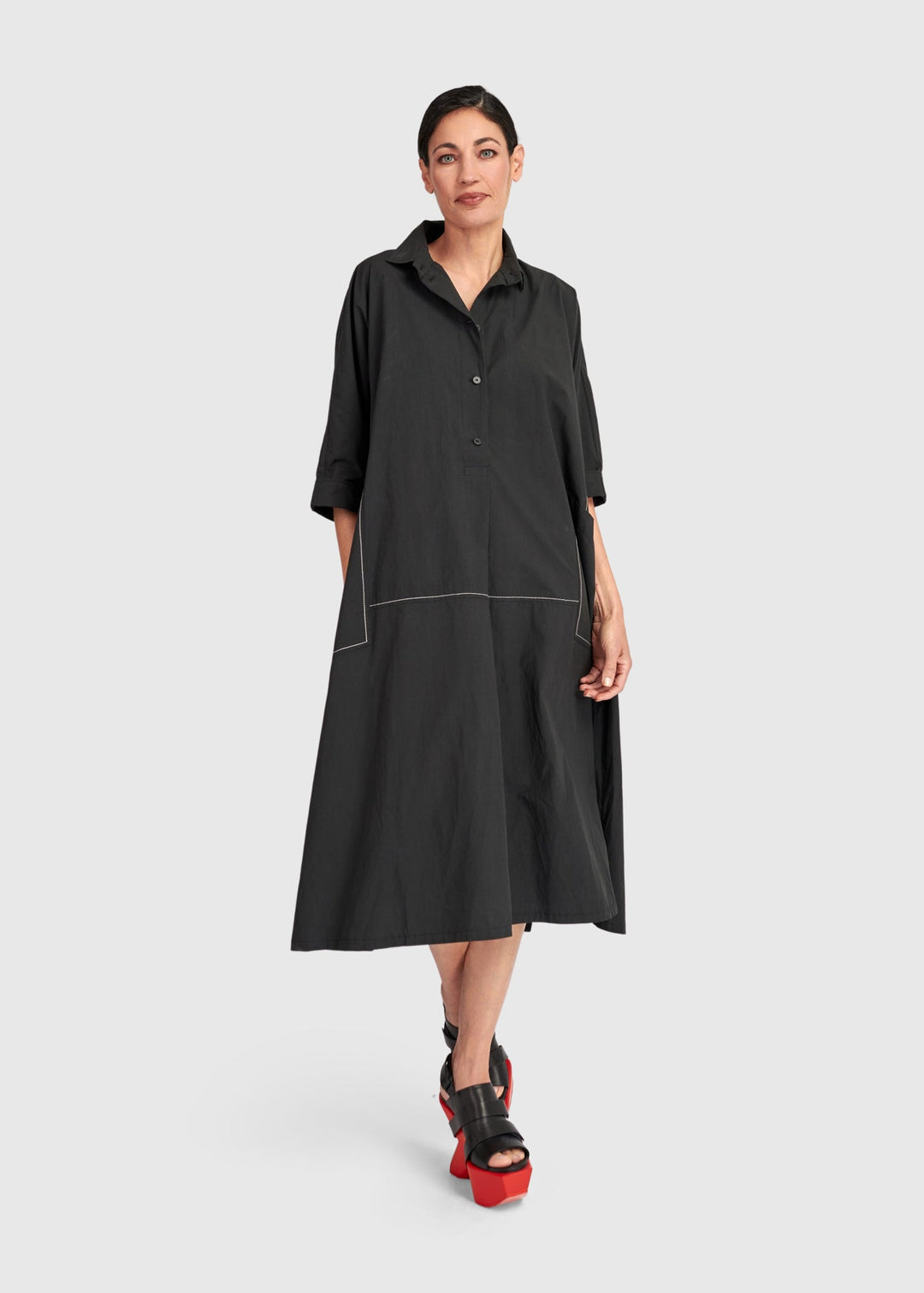 front view of plus size Alembika Midi Cotton Shirt Dress with White Topstitching in Black