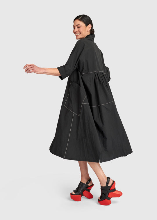 back view of plus size Alembika Midi Cotton Shirt Dress with White Topstitching in Black