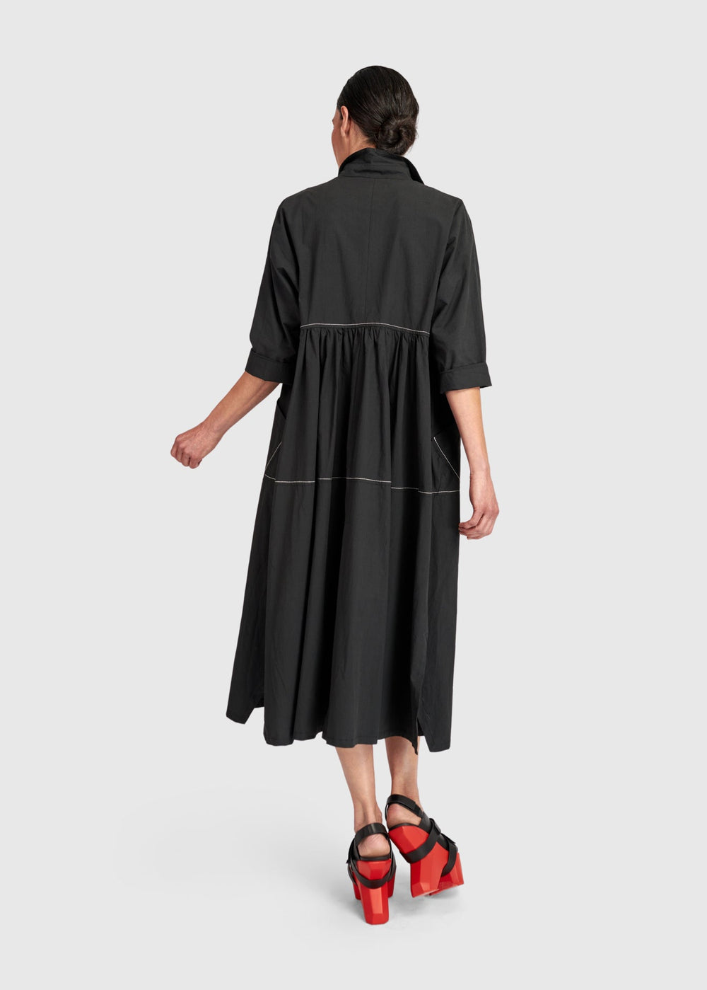 back view of plus size Alembika Midi Cotton Shirt Dress with White Topstitching in Black