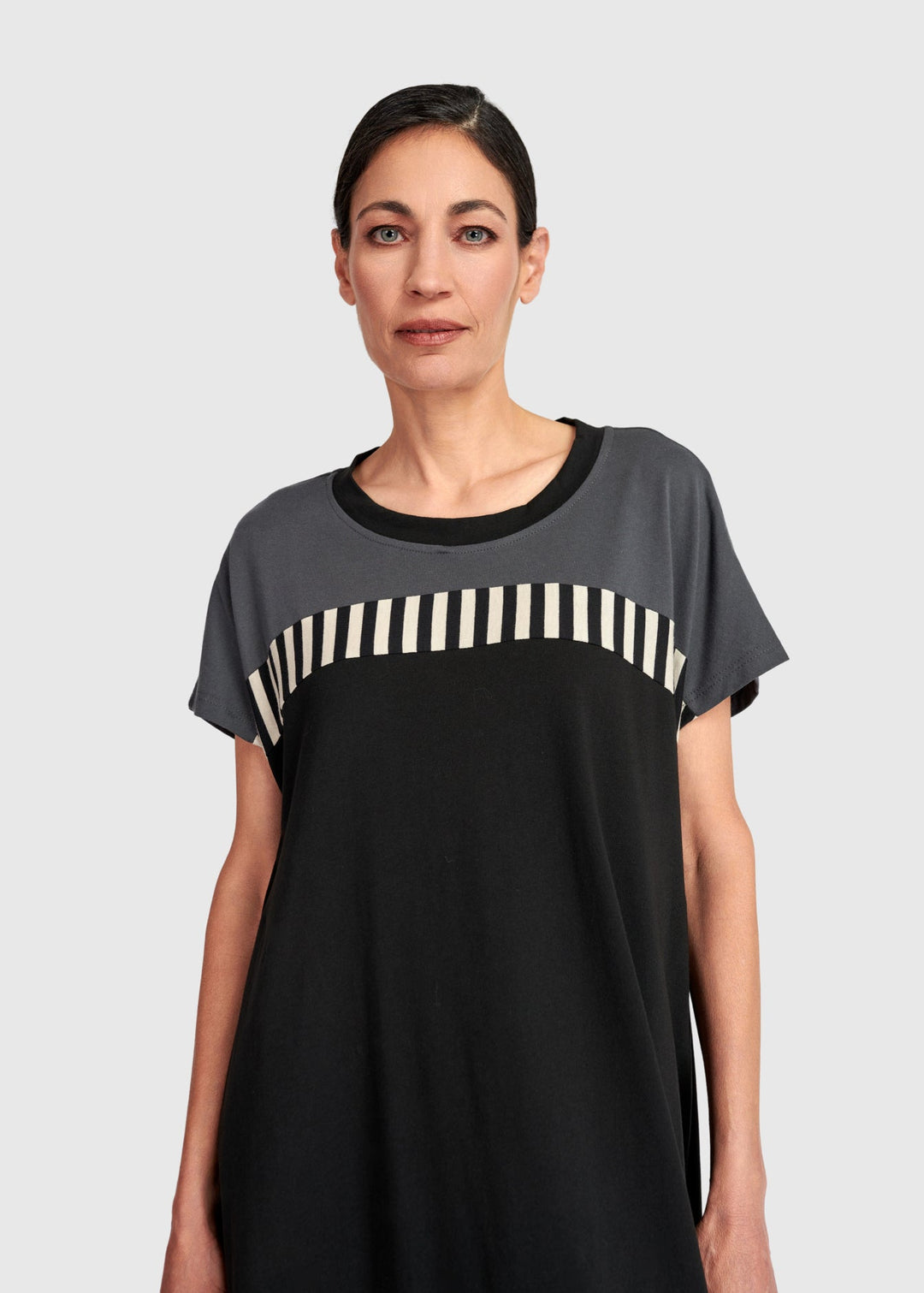 front view of plus size Alembika Mix Stripe Bodice Midi Dress in Cotton Jersey in Dark Bar