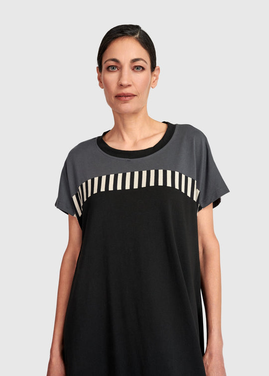 front view of plus size Alembika Mix Stripe Bodice Midi Dress in Cotton Jersey in Dark Bar