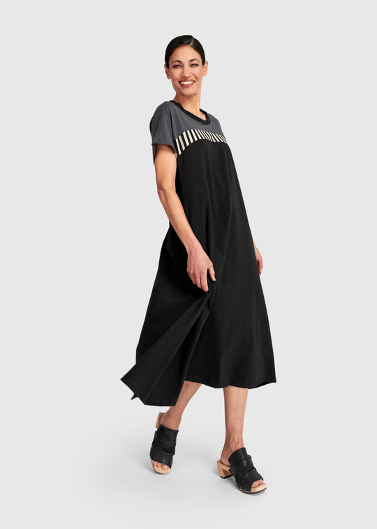 front view of plus size Alembika Mix Stripe Bodice Midi Dress in Cotton Jersey in Dark Bar