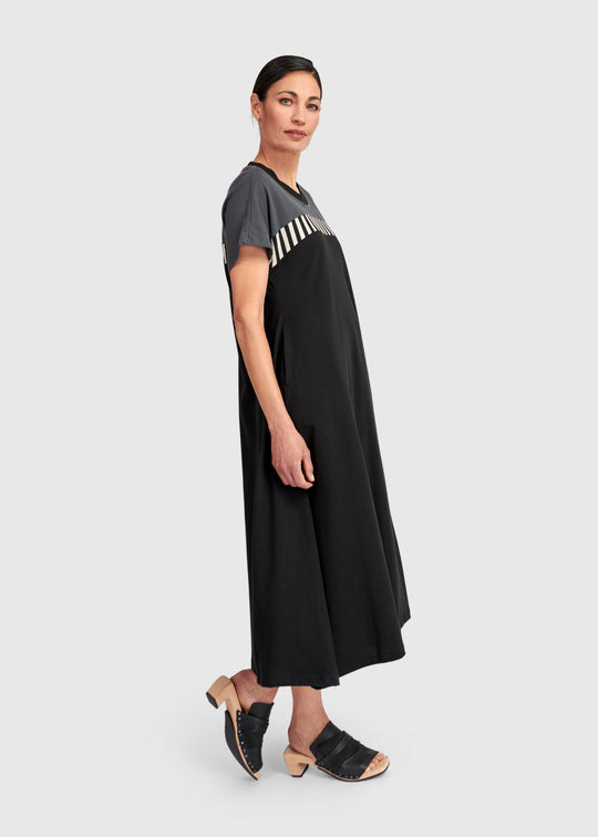 side view of plus size Alembika Mix Stripe Bodice Midi Dress in Cotton Jersey in Dark Bar