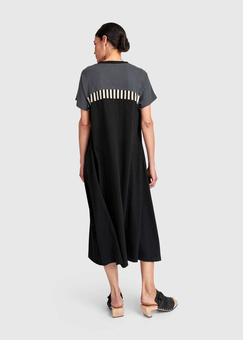 back view of plus size Alembika Mix Stripe Bodice Midi Dress in Cotton Jersey in Dark Bar