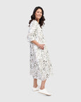 Alembika 3/4 Sleeve Linen Print Dress in Flora