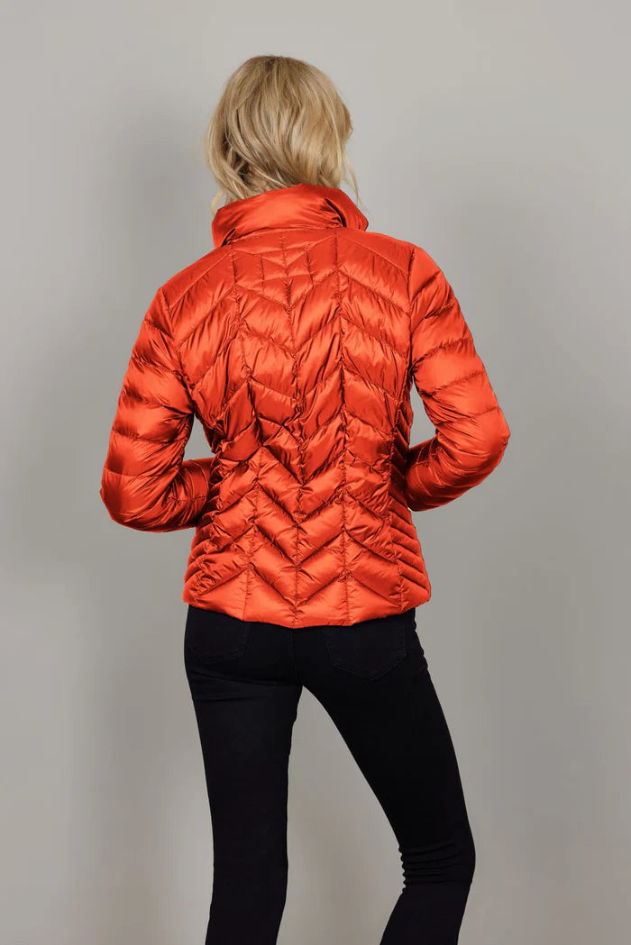 Junge Feather Weight Light Down Herringbone Jacket with Stand Collar Side Slits and Zip Pockets in Orange