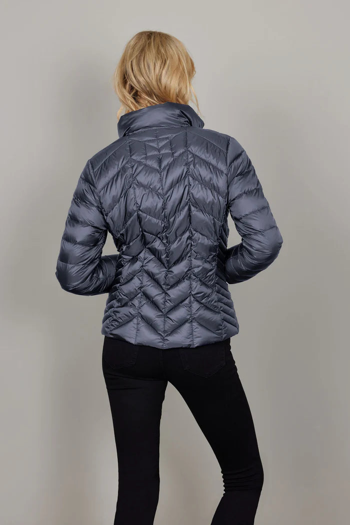 Junge Feather Weight Light Down Herringbone Jacket with Stand Collar Side Slits and Zip Pockets in Storm