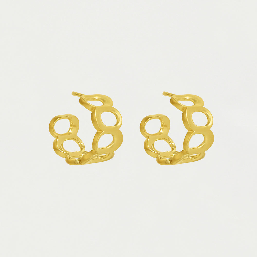 Pair of gold chain-link huggie hoop earrings with interlocking oval links, studio view