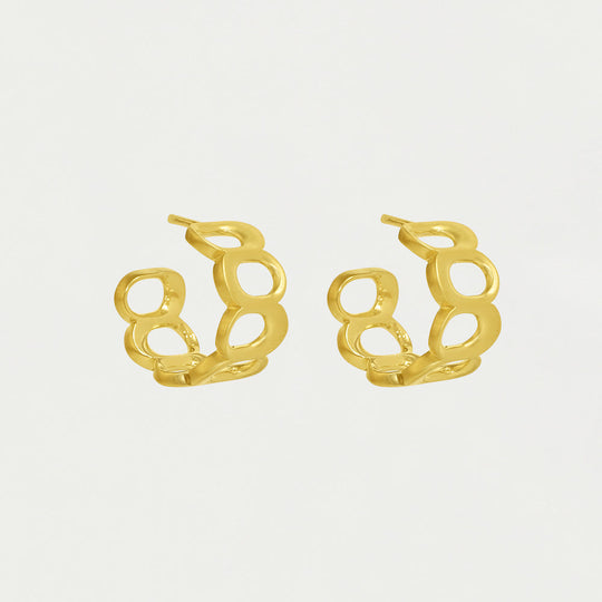 Pair of gold chain-link huggie hoop earrings with interlocking oval links, studio view