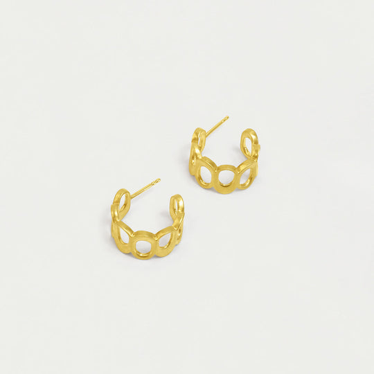 Pair of gold hoop earrings with open chain-link pattern and post backs