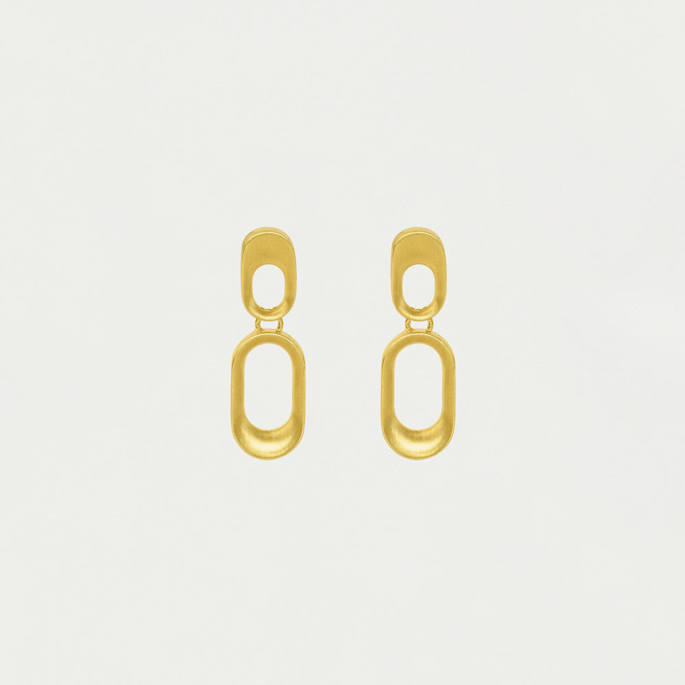 Gold drop earrings with two linked oval chain-link shapes, brushed matte finish