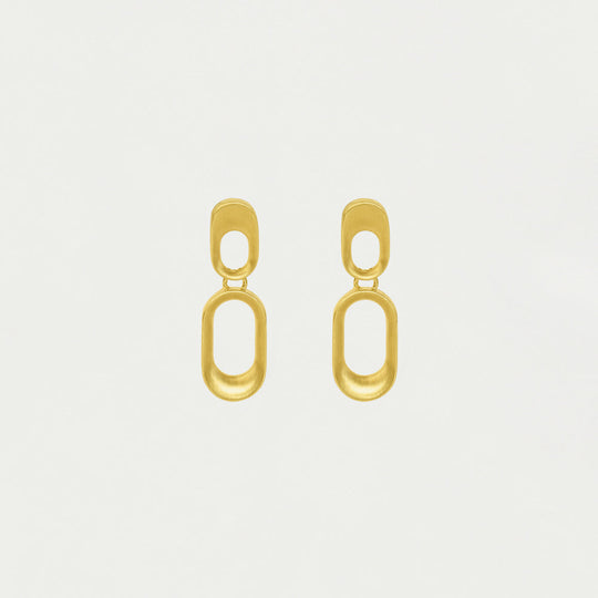 Gold drop earrings with two linked oval chain-link shapes, brushed matte finish