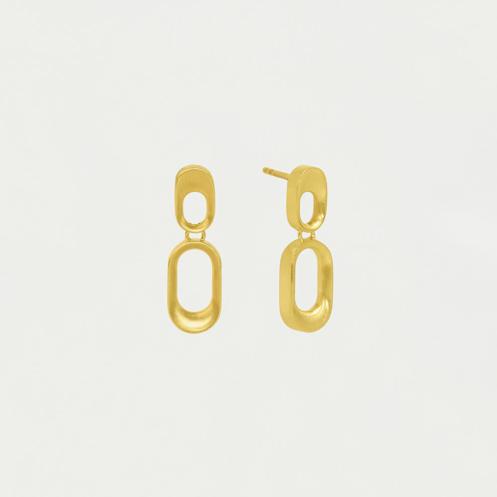 Gold drop earrings with two oval chain-link shapes and post backing, studio view