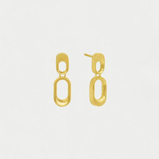 Gold drop earrings with two oval chain-link shapes and post backing, studio view