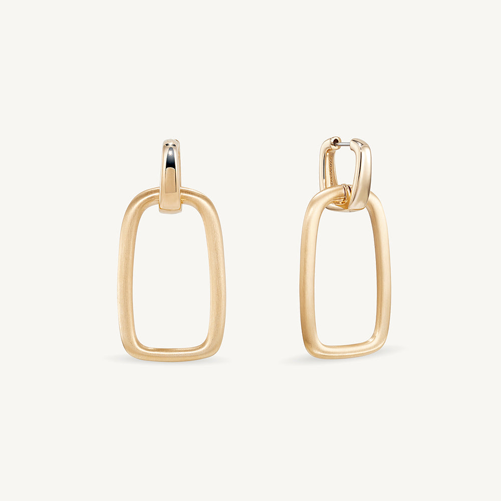 Gold double-link drop earrings with polished rectangular hoop and matte brushed rectangular pendant