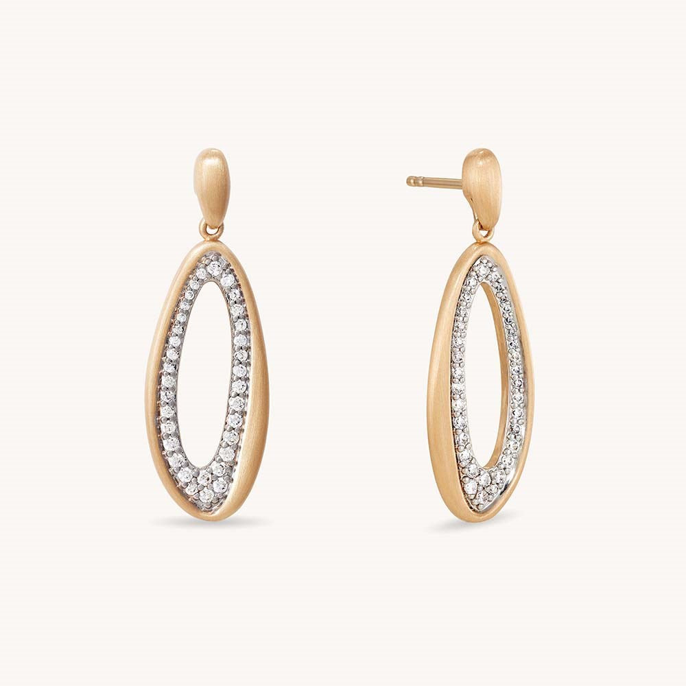 Oval drop earrings with matte gold frame and sparkling pavé crystal interior on stud posts