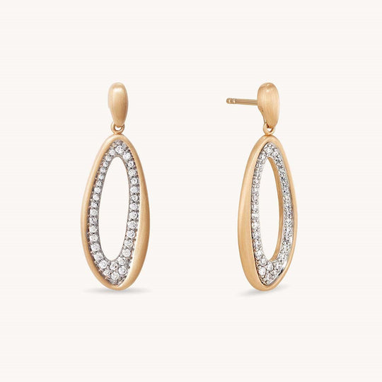 Oval drop earrings with matte gold frame and sparkling pavé crystal interior on stud posts