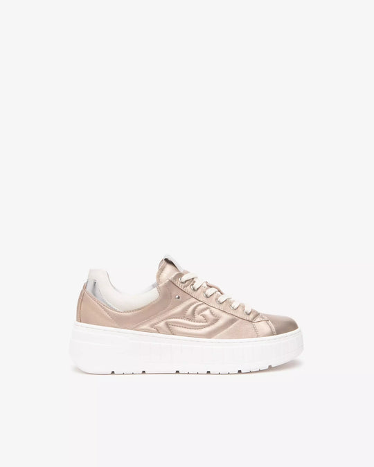 side view of Nero Giardini Lace up Saturn Metallic Platform Runner with Logo