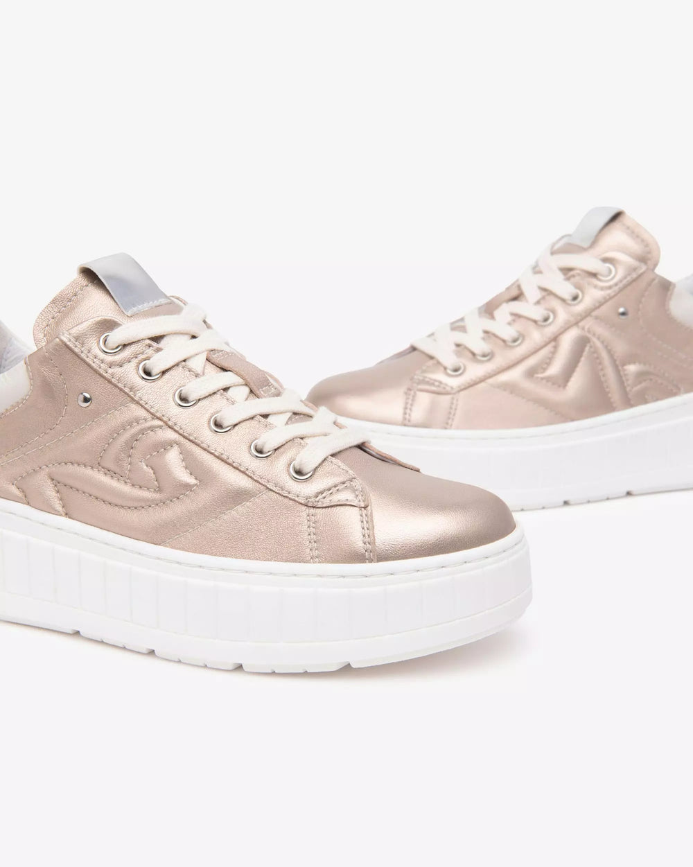 front view of Nero Giardini Lace up Saturn Metallic Platform Runner with Logo