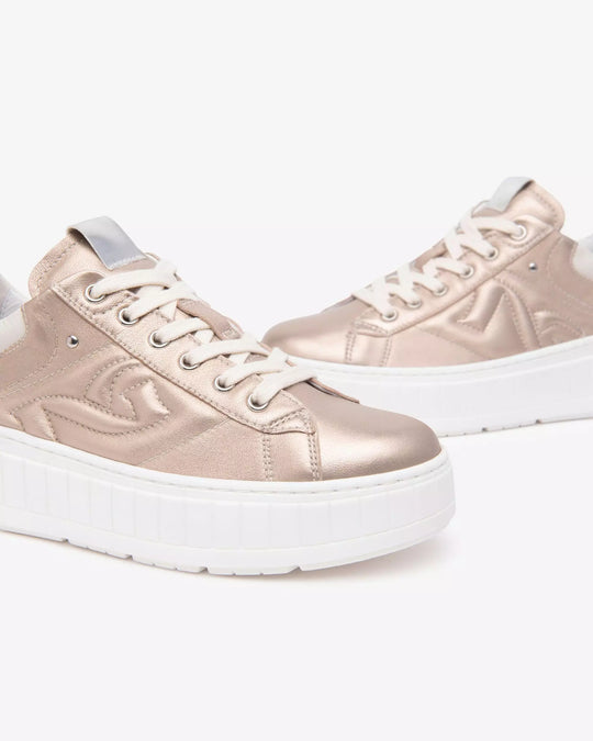 front view of Nero Giardini Lace up Saturn Metallic Platform Runner with Logo
