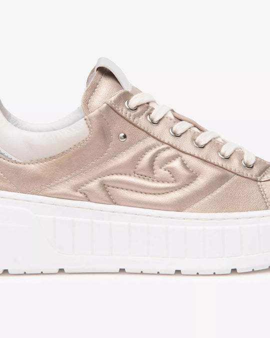 close up front view of Nero Giardini Lace up Saturn Metallic Platform Runner with Logo