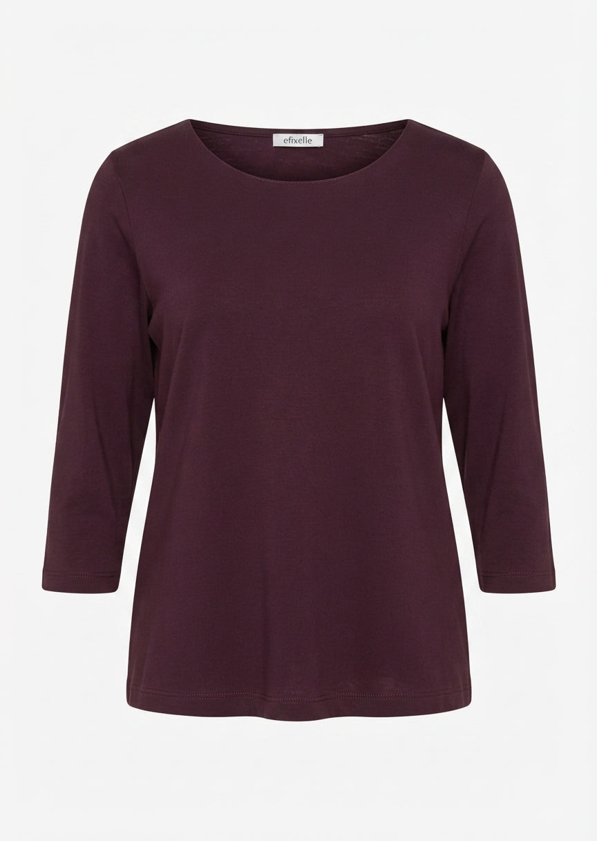 Burgundy cotton interlock 3/4 sleeve boatneck tee with relaxed fit, front view