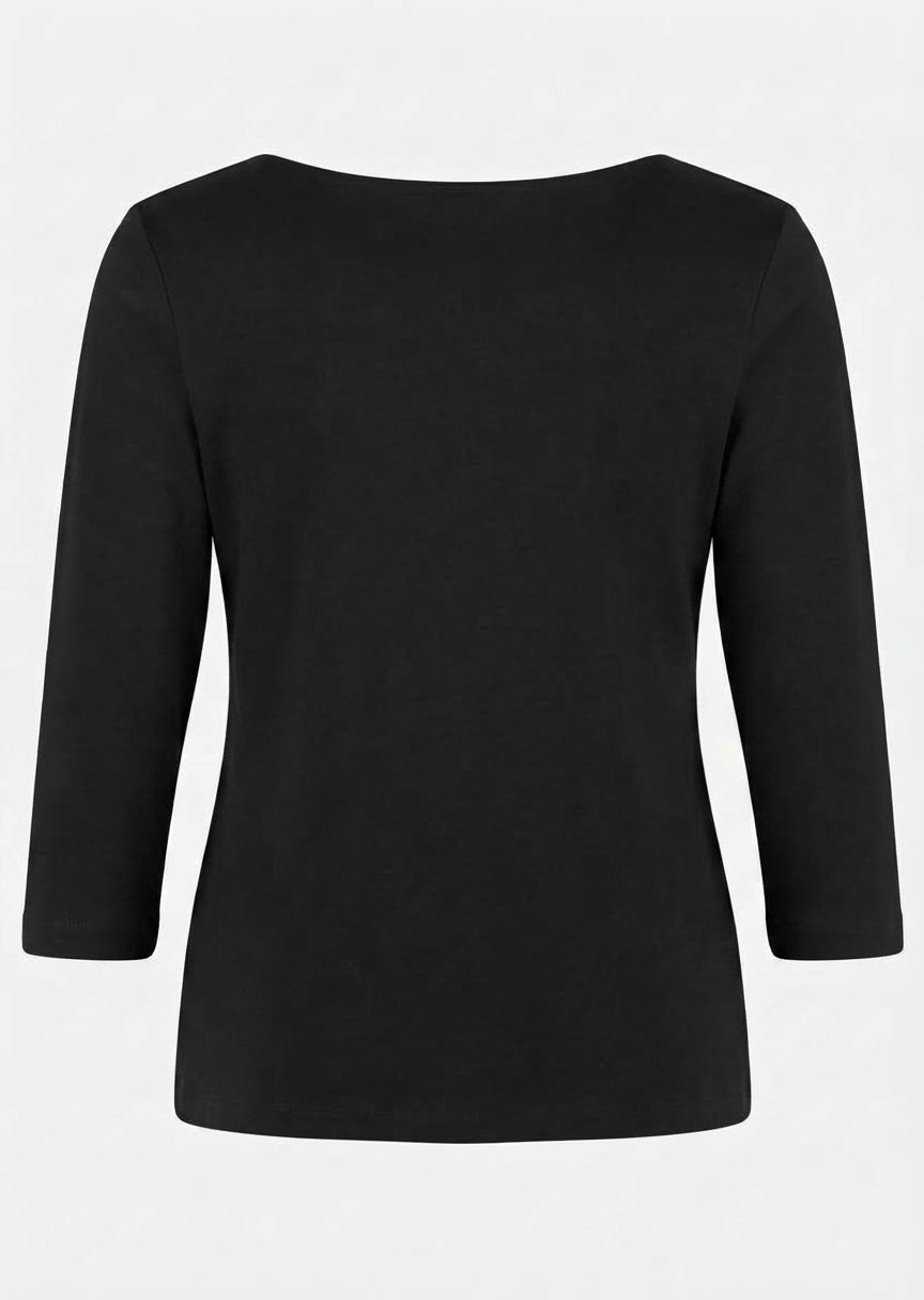 Efixelle Cotton Interlock 3/4 Sleeve Double Front Tee with Boatneck in Black