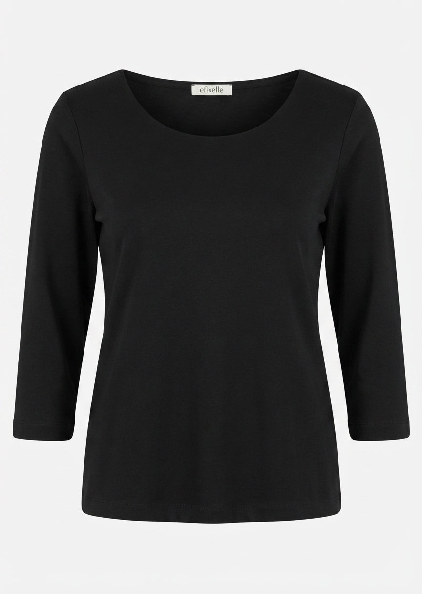 Black cotton interlock boatneck 3/4-sleeve tee, front view