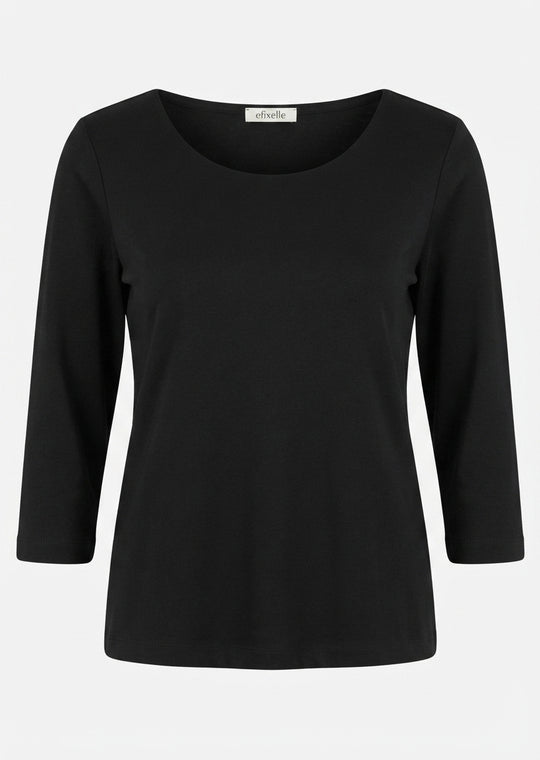 Efixelle Cotton Interlock 3/4 Sleeve Double Front Tee with Boatneck in Black