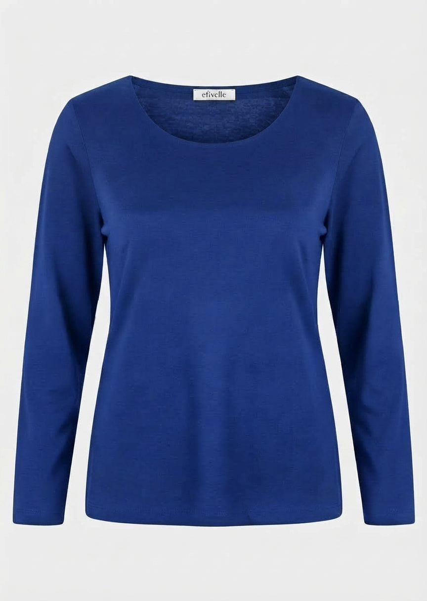 Blue jean cotton long-sleeve scoopneck tee with double front