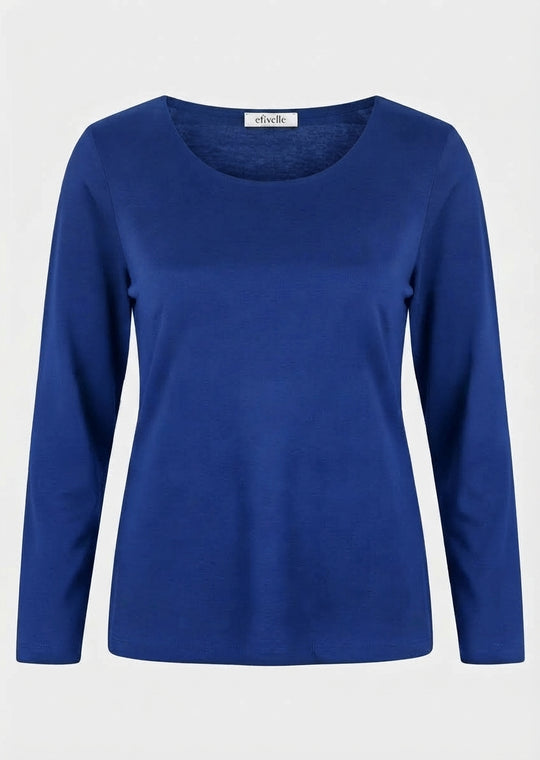 Efixelle Cotton Interlock Long Sleeve Double Front Tee with Scoopneck in Blue Jean