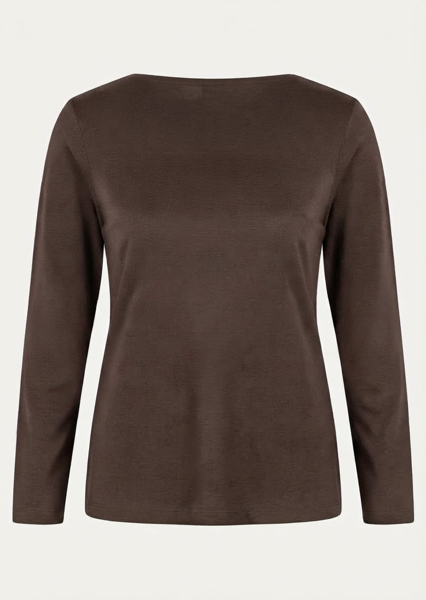 Efixelle Cotton Interlock Long Sleeve Double Front Tee with Scoopneck in Espresso